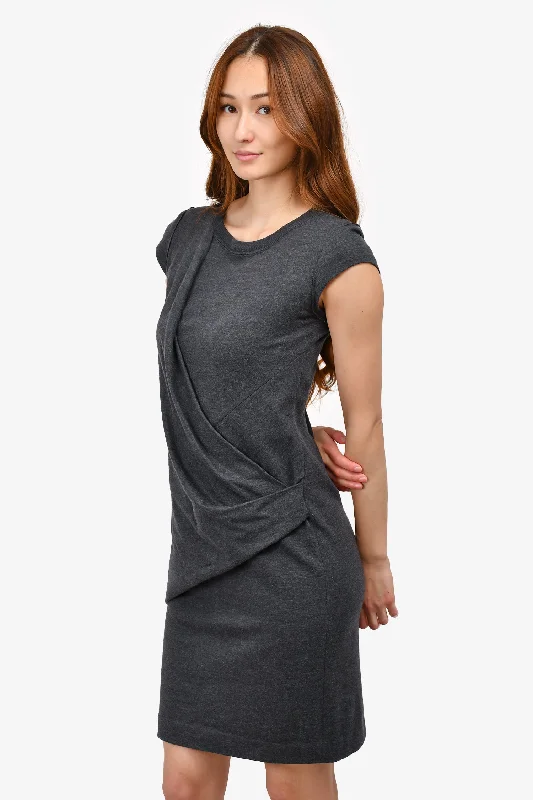 Striped tie-dye dress-Brunello Cucinelli Dark Grey Wool Blend Ruched Cap Sleeve Shift Dress Size 4