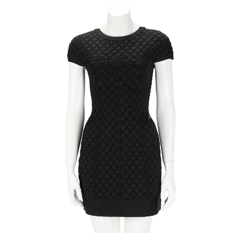 Tucked trendy dress-Chanel Black Embossed Quilt Cap Sleeve Dress FR 34