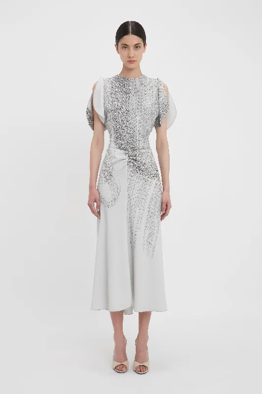 Plush sweater dress-Gathered Waist Midi Dress In Grey Mist-Silver Chain Print