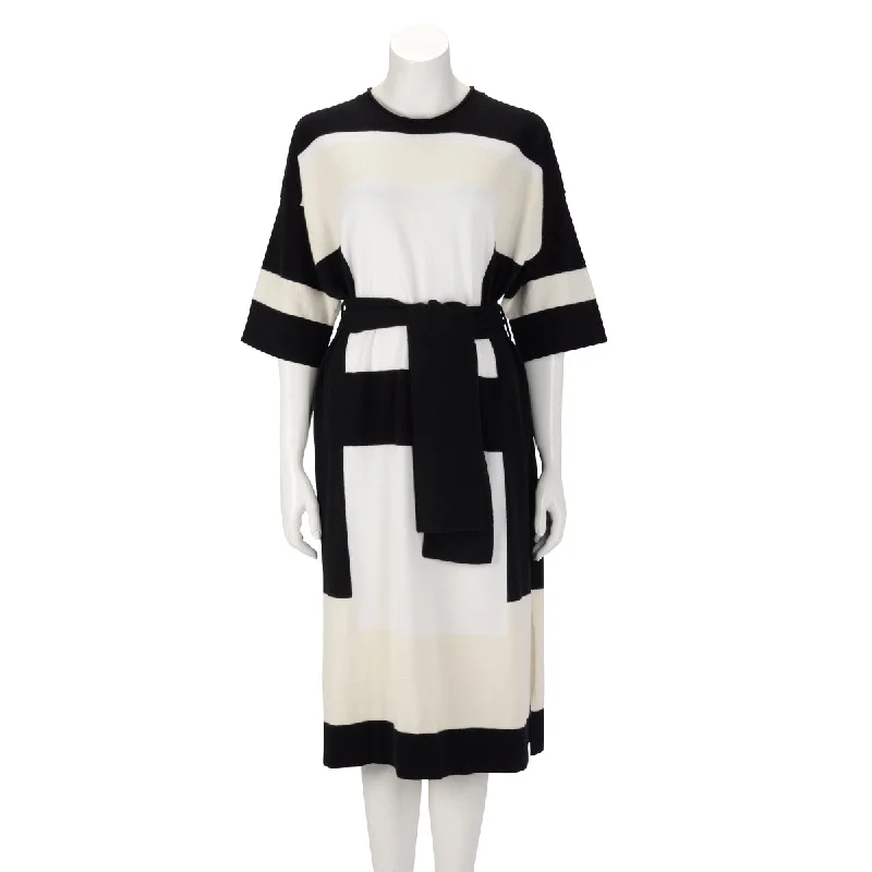 Shiny slip dress-Hermes Black & White Cashmere Belted Midi Dress FR 38