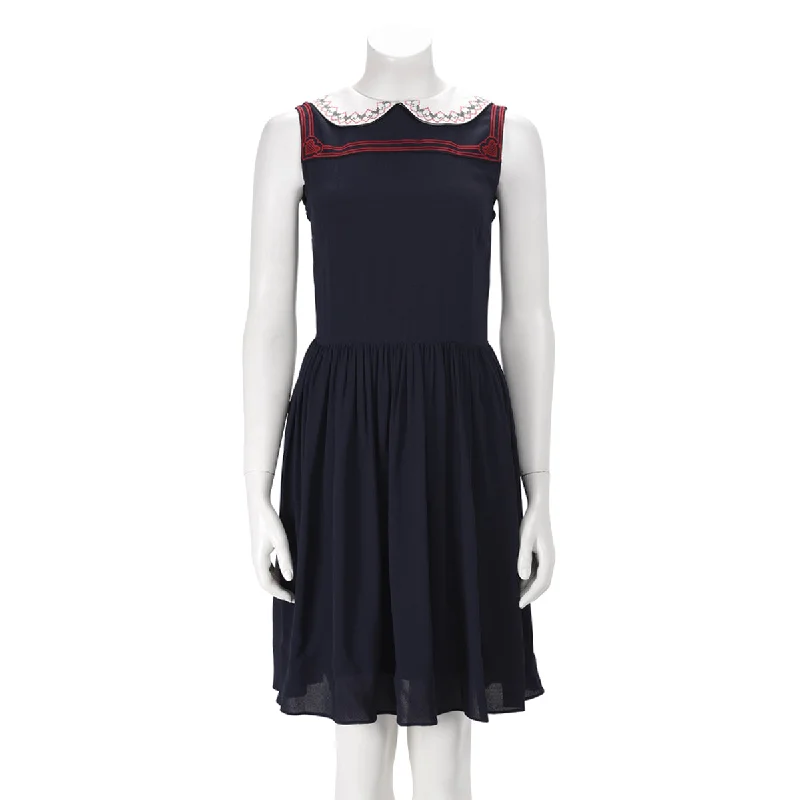 Tufted cozy dress-Miu Miu Navy Embroidered Dress IT 36