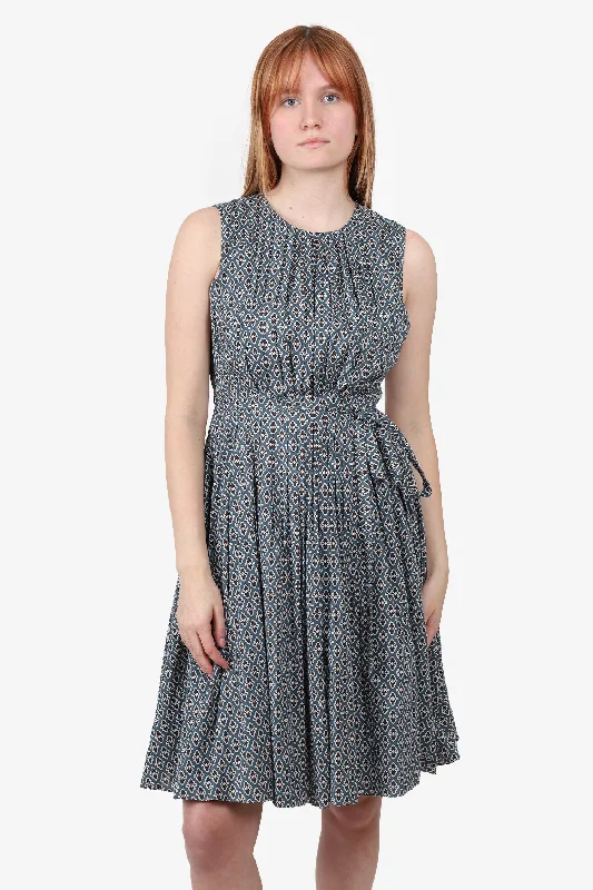 Gathered embroidered dress-'S Max Mara Blue/Grey Printed Cotton Pleated Sleeveless Dress with Waist Tie Size S