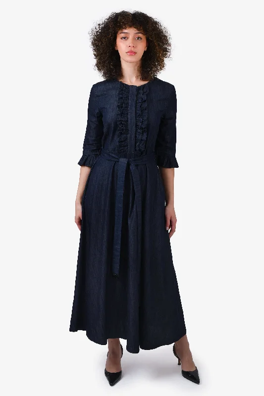 Woven lace dress-'S Max Mara Dark Blue Denim Ruffle Detail Maxi Dress with Belt Size 4