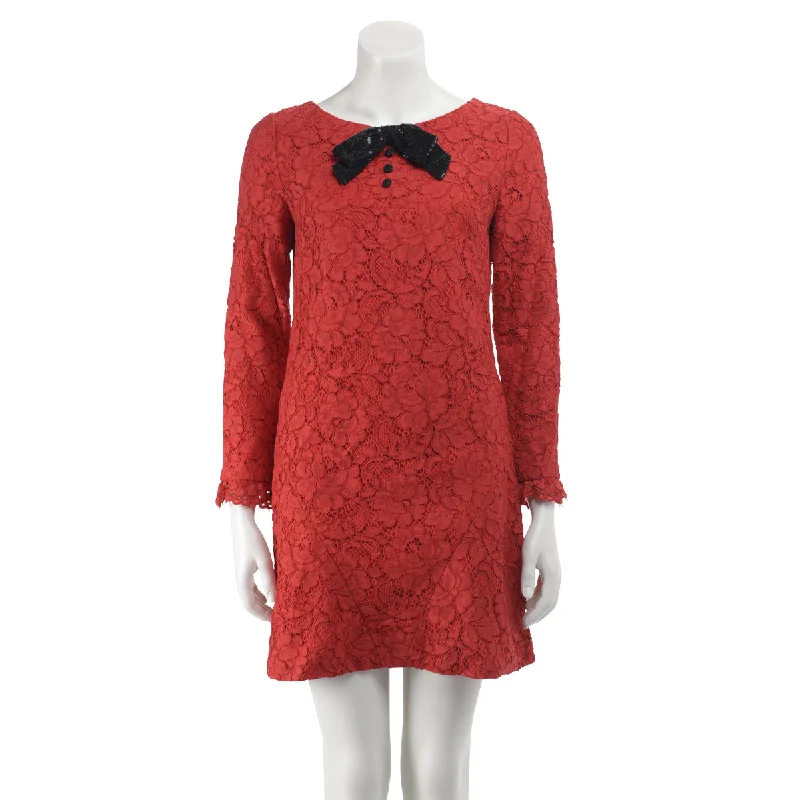 Tease date dress-Saint Laurent Red Lace Sequin Bow Dress FR 36