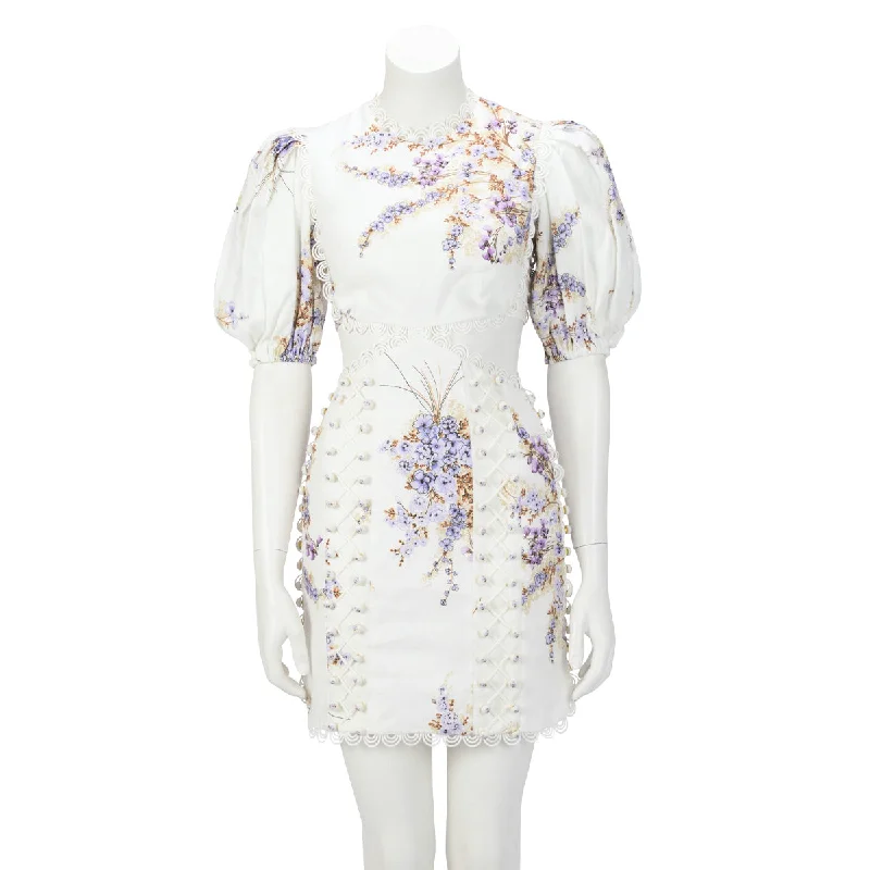 Zip-front beach dress-Zimmermann Lilac Floral Linen Jude Cut Out Dress 0