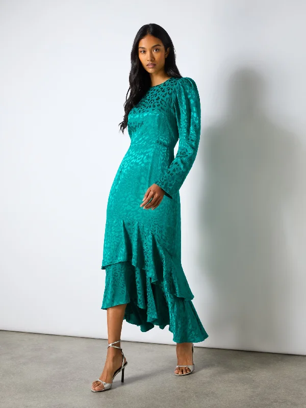 Streamer festival dress-Angelina Teal Animal Jacquard Flute Hem Dress