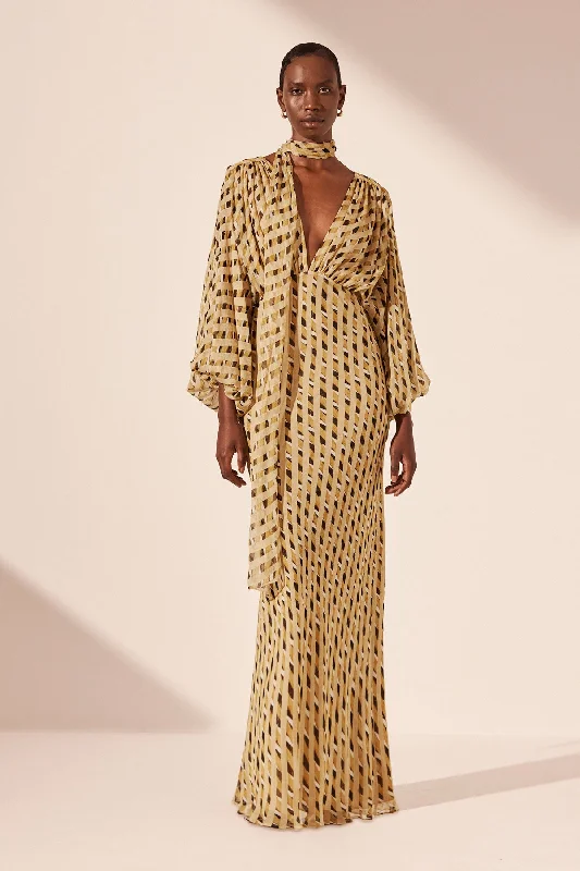 Frayed plaid dress-AXEL PLUNGE BALLOON SLEEVE MAXI DRESS