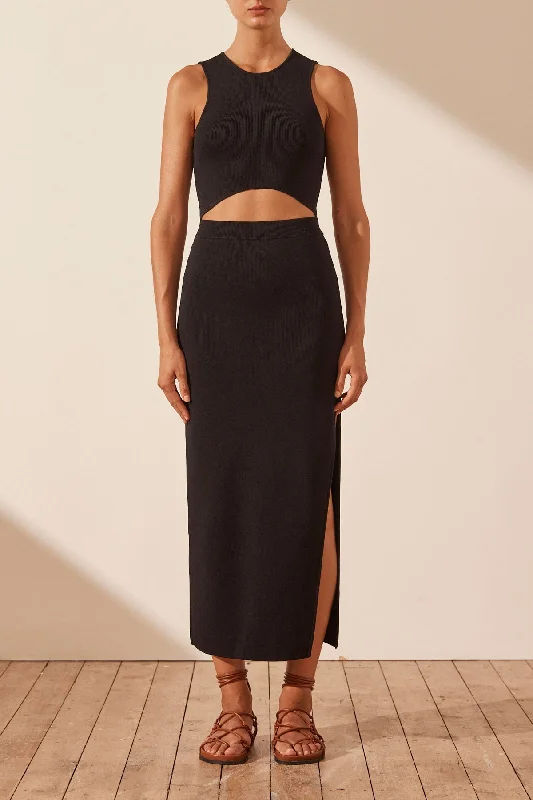 Gathered embroidered dress-BASIC MIDI SKIRT WITH SPLIT - BLACK