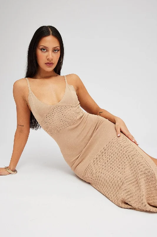 Striking glitzy dress-Beige Knit Dress Sleeveless V Neck Midi Mixed Crochet