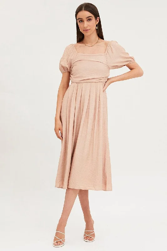 Zip-front beach dress-Beige Midi Dress Evening Square Neck