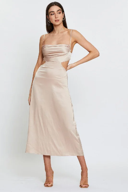 Elastic boho dress-Beige Midi Dress Satin