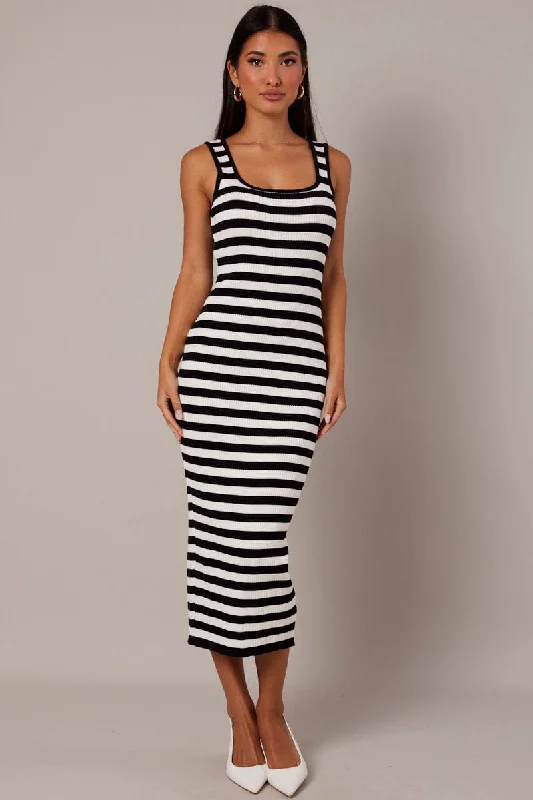 Striped prism dress-Beige Stripe Knit Midi Dress Sleeveless Scoop Neck Bodycon Rib