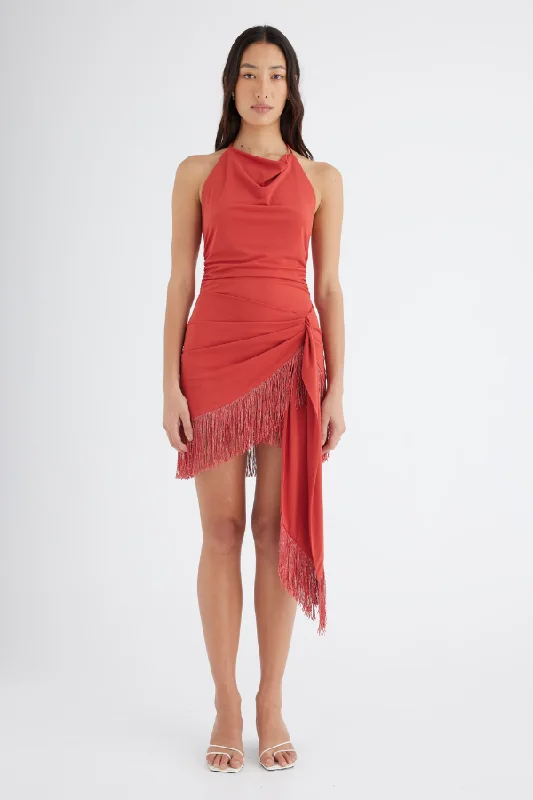 Crimson red dress-Carolina Fringe Halter Dress Hibiscus