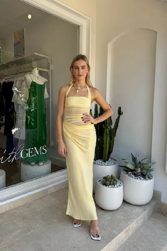 Brass formal dress-Gina Halter Dress Yellow