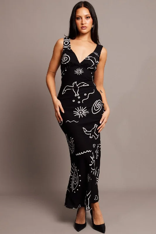 Twill overall dress-Black Abstract Maxi Dress Plunge V Neck Dress