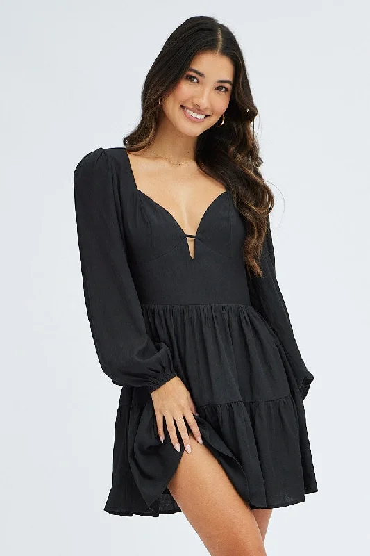 Dappled fringe dress-Black Fit And Flare Dress Long Sleeve Mini