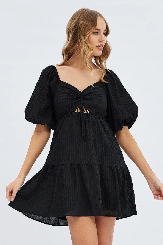 Pleat-front summer dress-Black Fit And Flare Dress Mini Ruched Bust