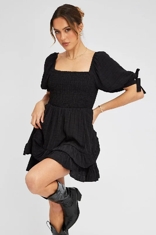 Structured evening dress-Black Fit And Flare Dress Puff Sleeve Mini