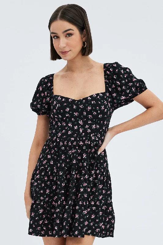 Glow iridescent dress-Black Floral Fit And Flare Dress Puff Sleeve Mini