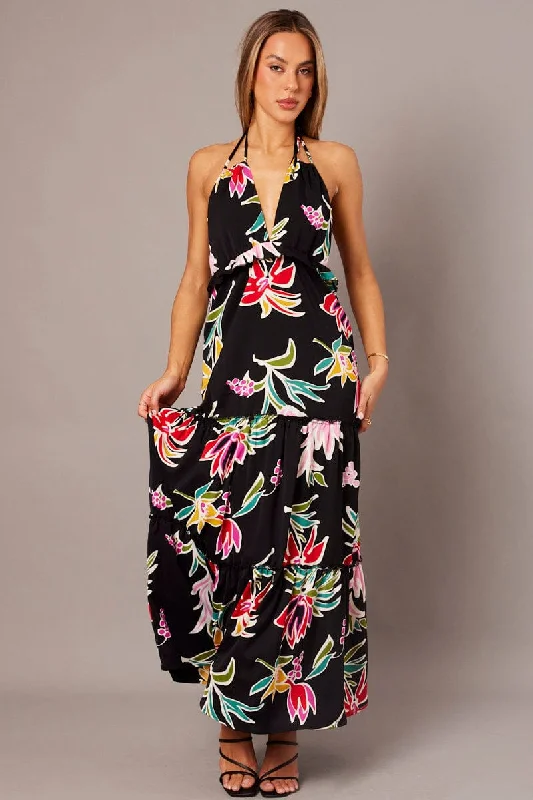 Hot fitted dress-Black Floral Halter Neck Ruffle Tiered Maxi Dress