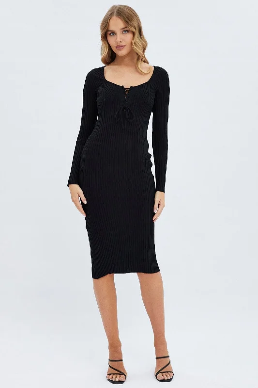 Hot fitted dress-Black Knit Dress Long Sleeve Midi