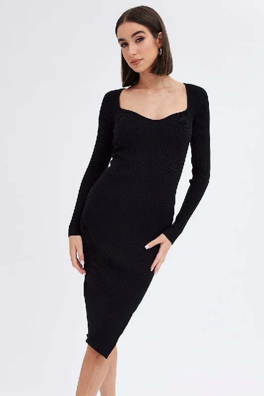 Brass metallic dress-Black Knit Dress Sweetheart Neck Long Sleeve Midi