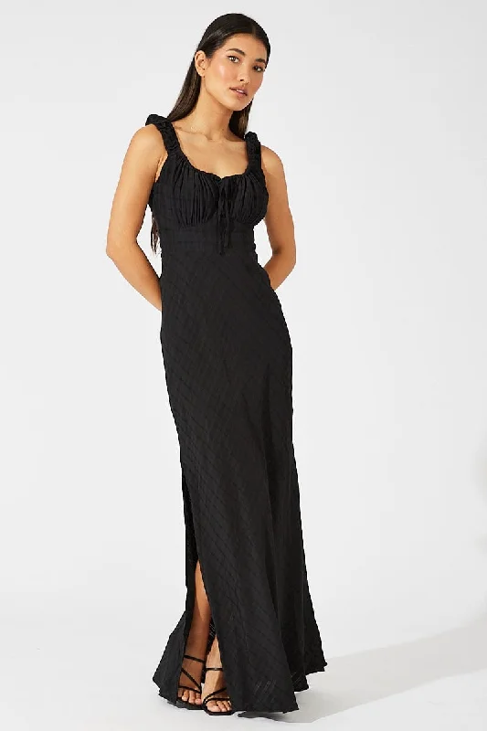 Batik wrap dress-Black Maxi Dress Short Sleeve Ruched Bust