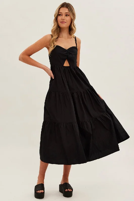 Woven lace dress-Black Maxi Dress Sleeveless Ruched Front