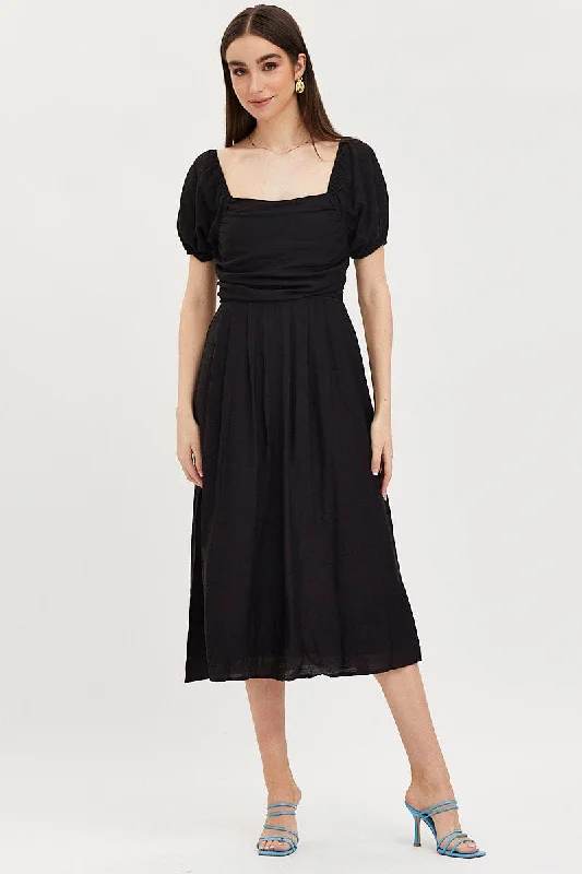 Hike earthy dress-Black Midi Dress Evening Square Neck