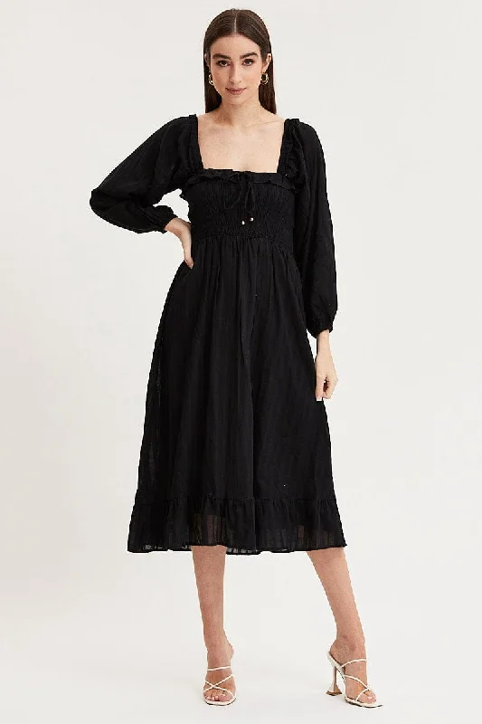 Voile evening dress-Black Midi Dress Long Sleeve Evening