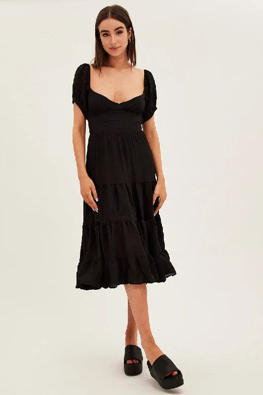 Satin princess dress-Black Midi Dress Short Sleeve V-Neck