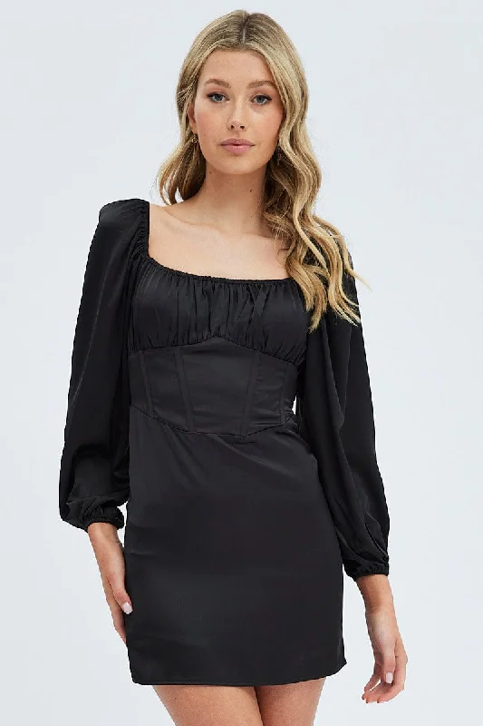 Wanderer tiered dress-Black Mini Dress Corset Detail Long Sleeve