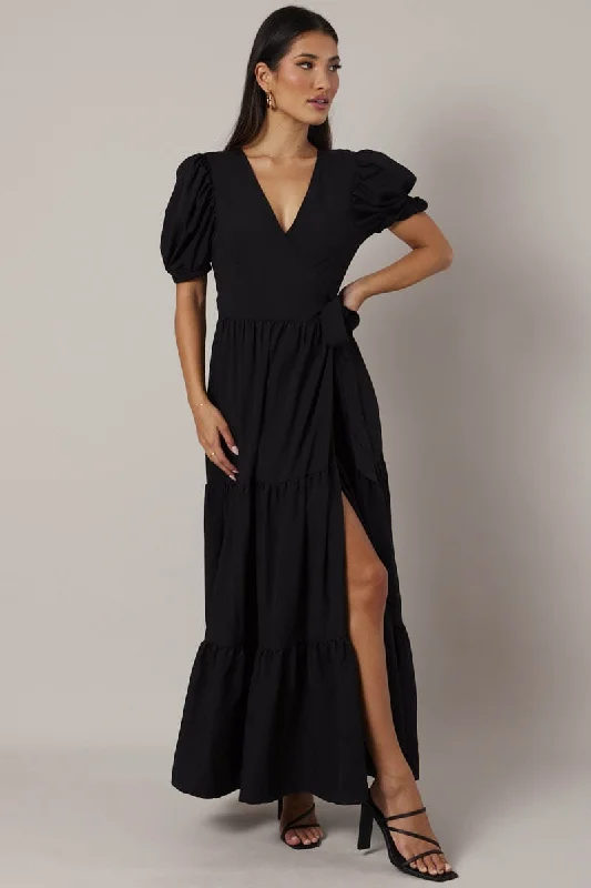 Bare minimalist dress-Black Puff Sleeve Maxi Dress Wrap Tiered Dress