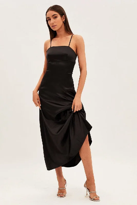 Apricot summer dress-Black Satin Straight Maxi Dress