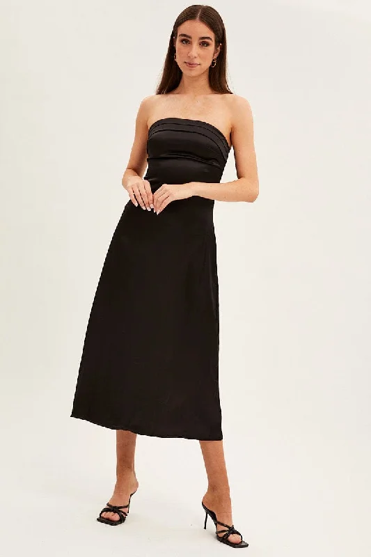 Damask prom dress-Black Satin Straight Midi Dress