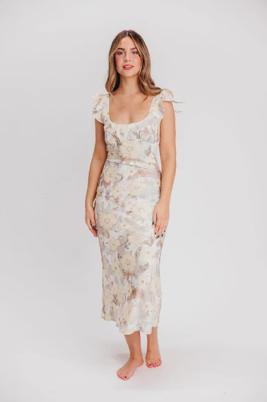 Mauve luxe dress-Pisa Floral Chiffon Midi Dress with Ruffle Shoulder in Champagne