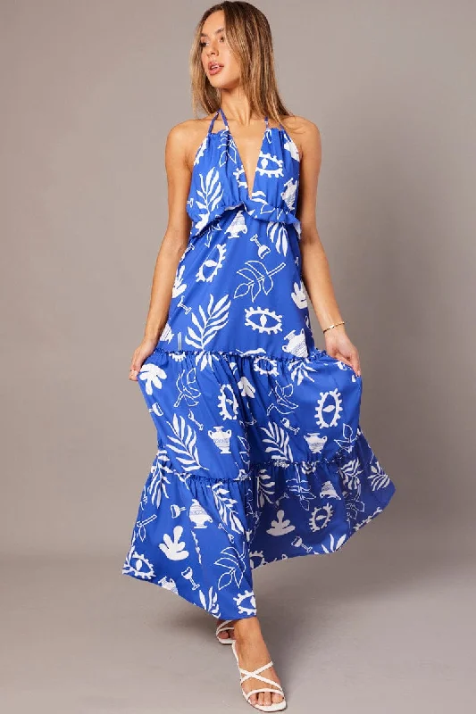 Relaxed casual dress-Blue Abstract Maxi Dress Halter Neck Tiered Ruffle Dress