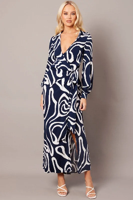 Structured prom dress-Blue Abstract Wrap Maxi Dress Shirt Dress