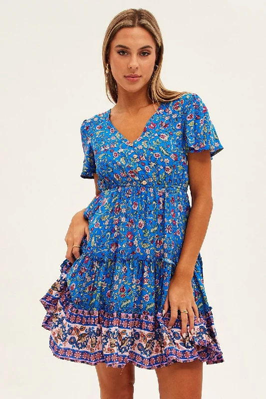 Lantern-sleeve summer dress-Blue Boho Fit And Flare Dress Short Sleeve Mini V-Neck