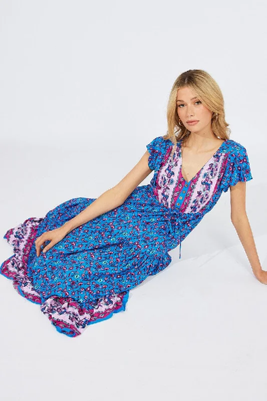 Dappled patchwork dress-Blue Boho Maxi Dress Short Sleeve