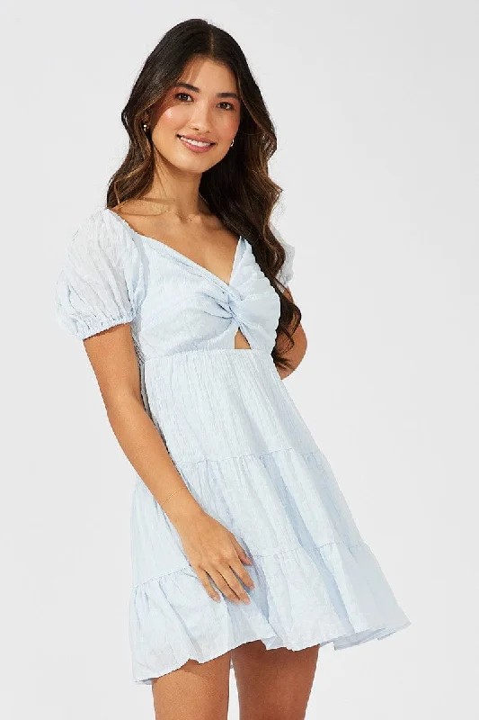 Lined grid dress-Blue Fit And Flare Dress Puff Sleeve Mini