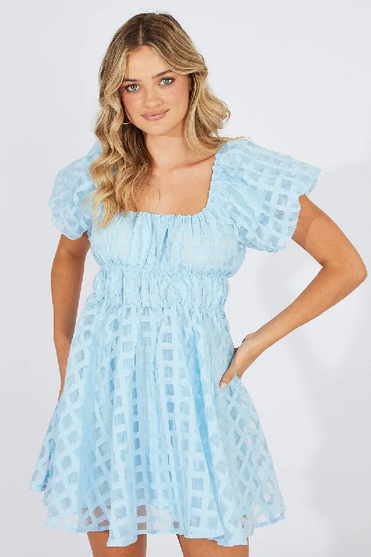 Fine lattice dress-Blue Fit And Flare Dress Puff Sleeve Mini