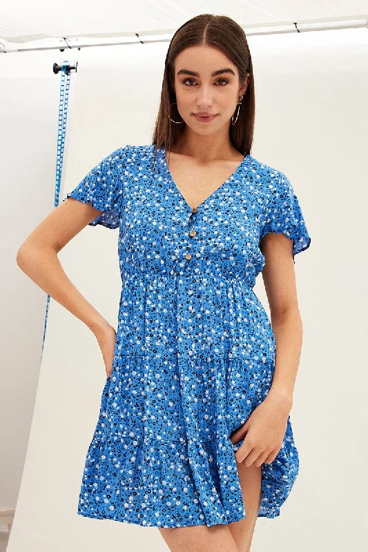 Enduring fit dress-Blue Floral Button Front Short Sleeve Mini Skater Dress