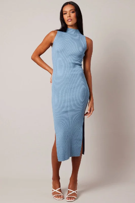 Plain knotted dress-Blue Knit Dress High Neck Midi