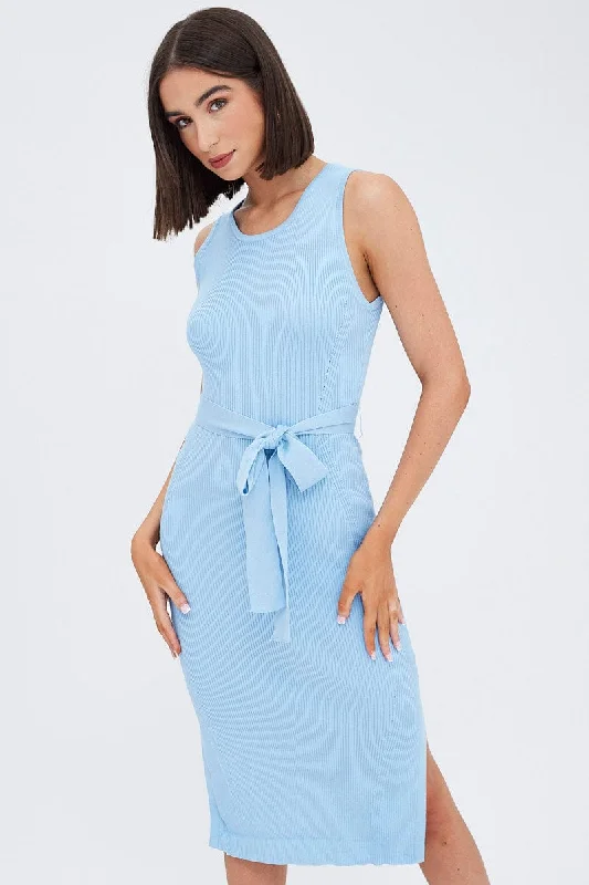 Ruffled twirl dress-Blue Knit Dress Sleeveless Round Neck Belted Midi