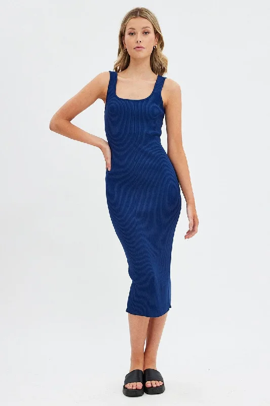 Coral gold dress-Blue Knit Midi Dress Sleeveless Scoop Neck Bodycon Rib