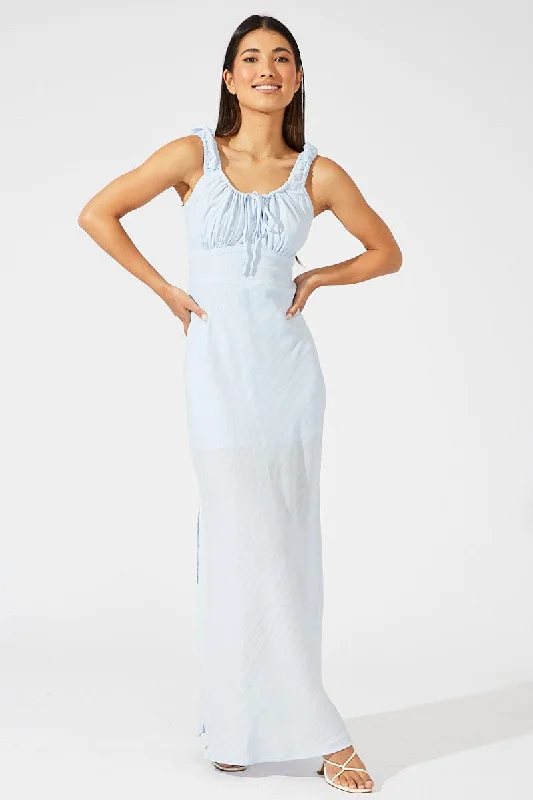 Fresh light dress-Blue Maxi Dress Short Sleeve Ruched Bust