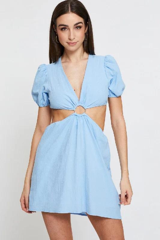 Collage retro dress-Blue Mini Dress Short Sleeve