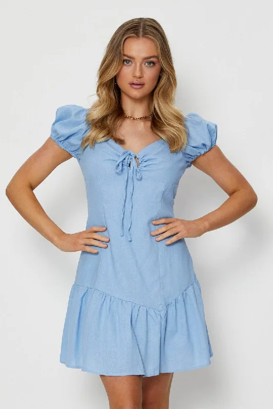 Zip-front vacation dress-Blue Mini Dress Skater