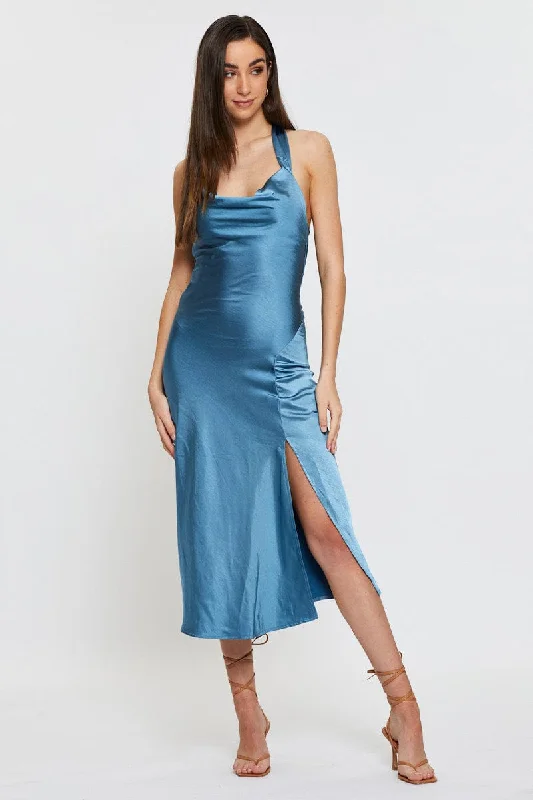 Gala glitzy dress-Blue Slip Dress Midi Satin